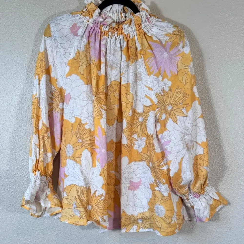 Ephemera Yellow Pink Floral Linen Ruffled Blouse Womens 6 Boho Peasant Natural - Picture 12 of 12